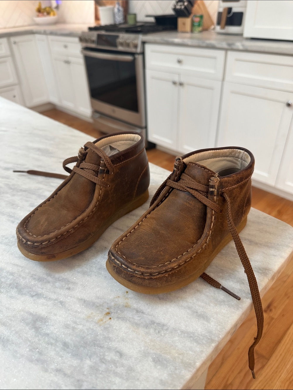 Clark’s Originals Brown Leather Kids Moccasin Booties with Laces
